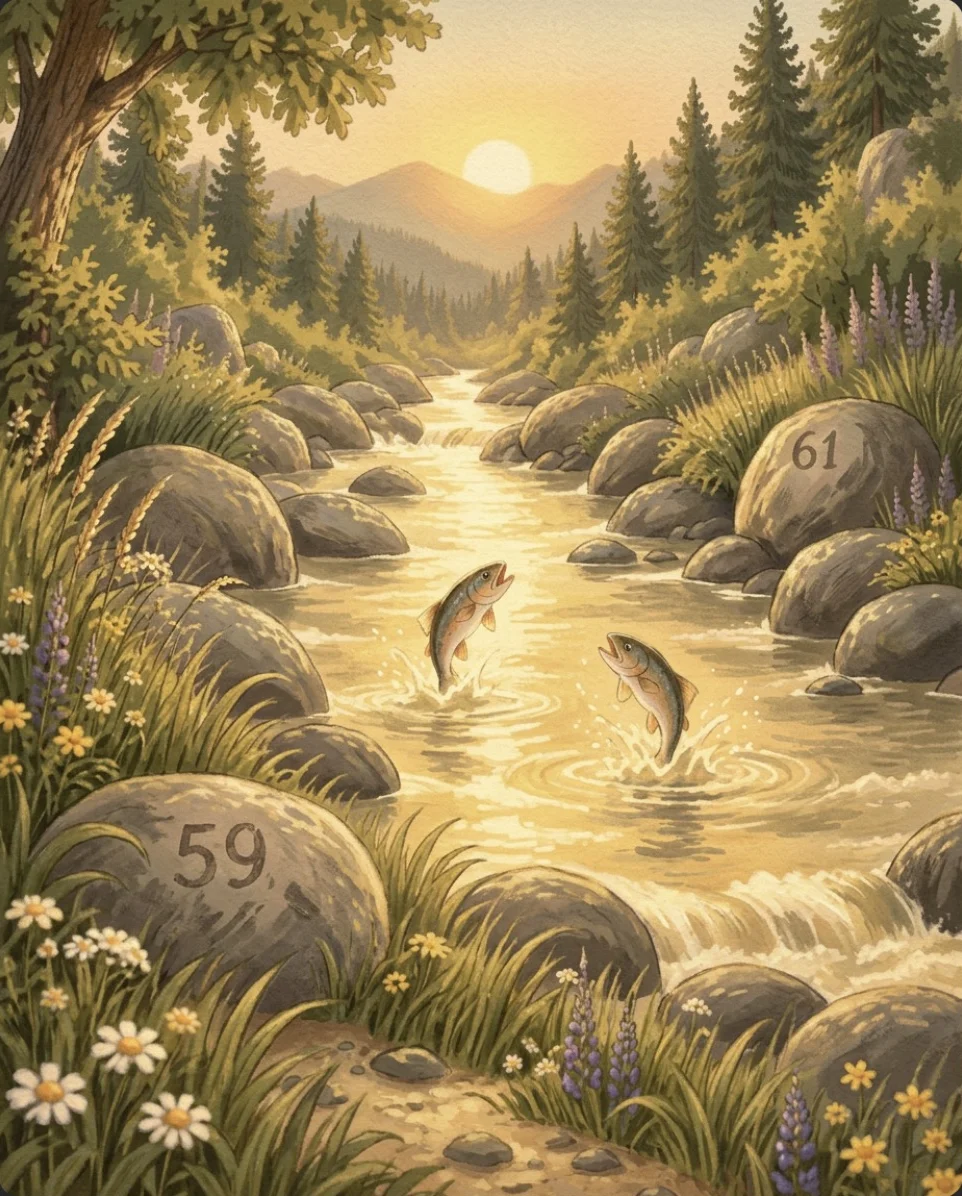 The river between stone 59 and stone 61 at sunset