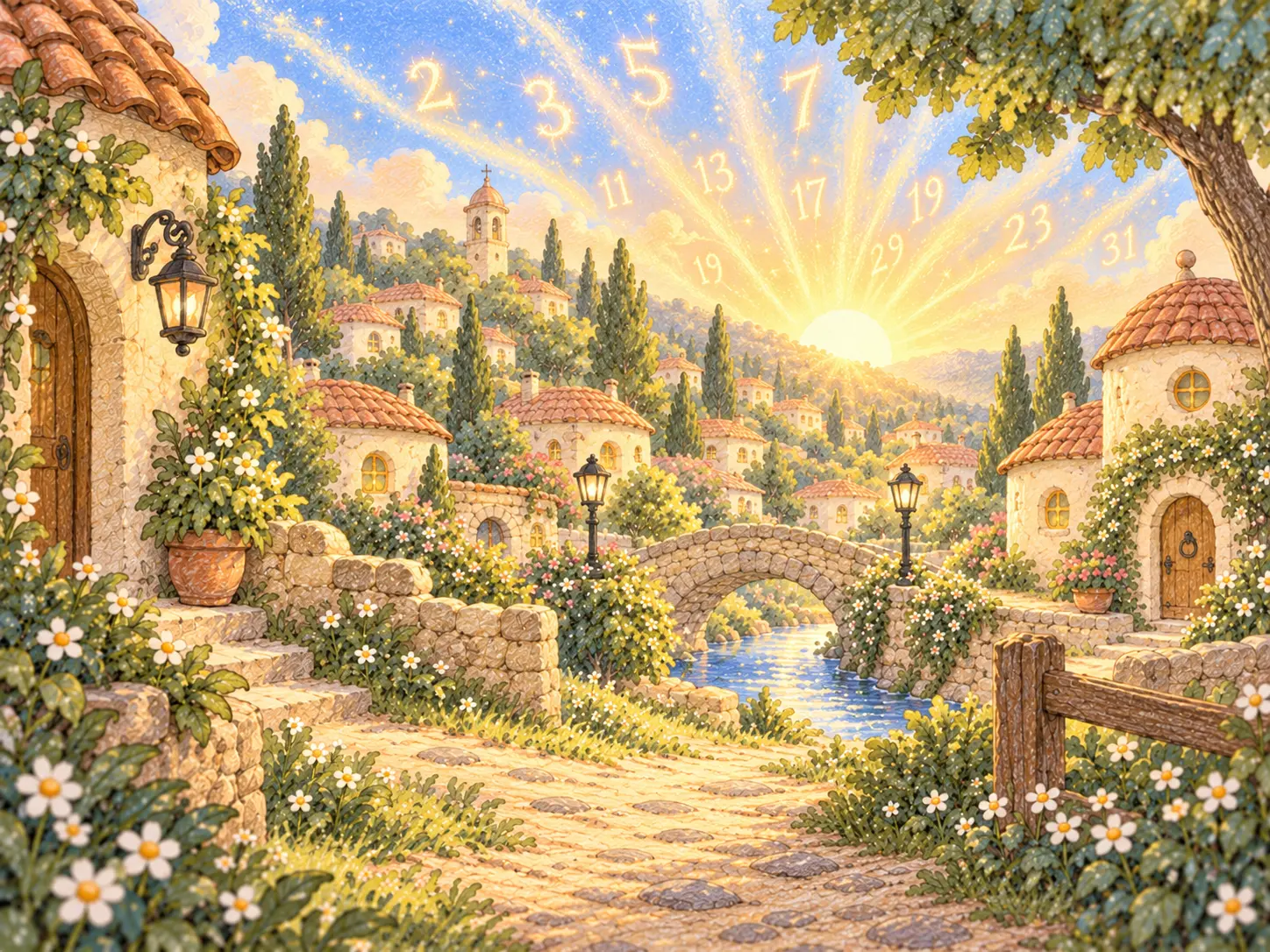 Prime Village in the morning sunshine, with glowing prime numbers scattered across the sky