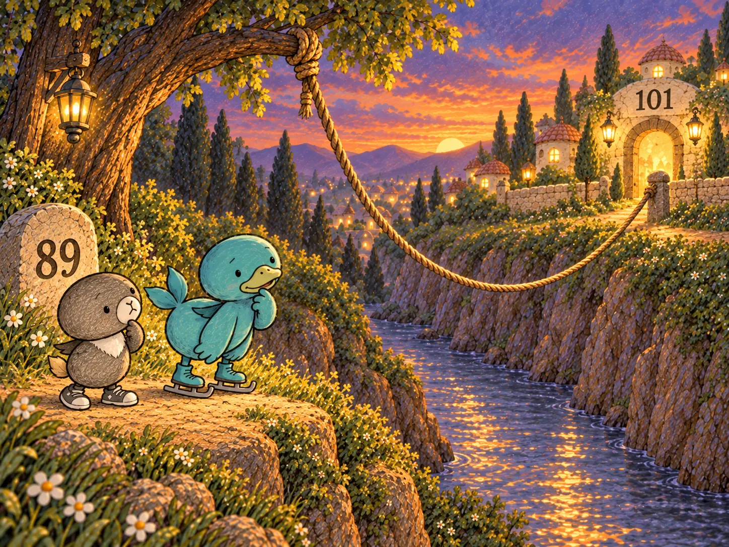 Five and Six standing thoughtfully at stone 89, the glowing 101 gate across the river, deciding who will jump